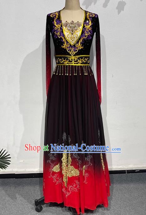 Black and Red Uyghur Dance Art Examination Performance Clothing China Xinjiang Dance Ethnic Style Clothing Adult Big Skirt Practice Performance