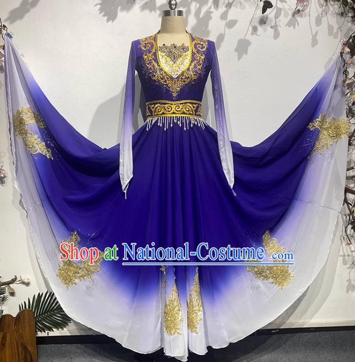 Dark Blue Uighur Dance Art Examination Performance Clothing China Xinjiang Dance Ethnic Style Clothing Adult Big Skirt Practice Performance