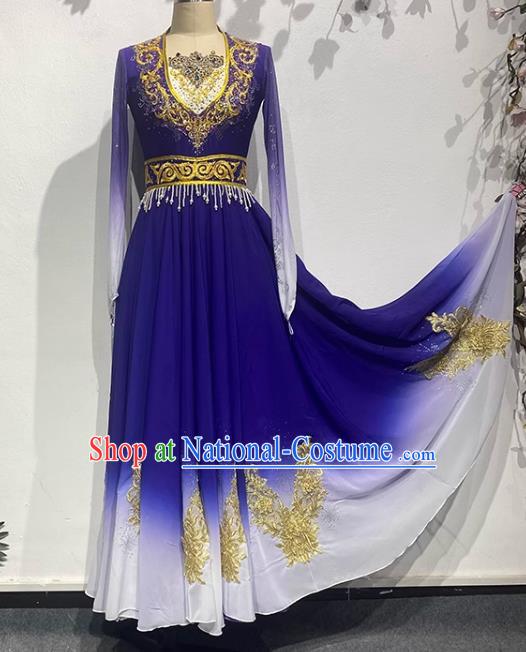 Dark Blue Uighur Dance Art Examination Performance Clothing China Xinjiang Dance Ethnic Style Clothing Adult Big Skirt Practice Performance