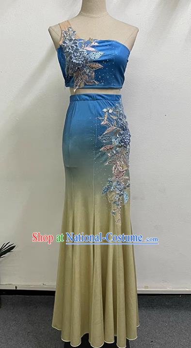 Blue Dai Dance Performance Costume Custom Slim Fishtail Swing Peacock Dance Art Test Practice Stage Performance Costume