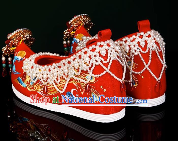 Xiuhe Wedding Shoes Zhenghong Phoenix Beaded Chinese Style Bridal Embroidered Shoes Ming Dynasty Hanfu