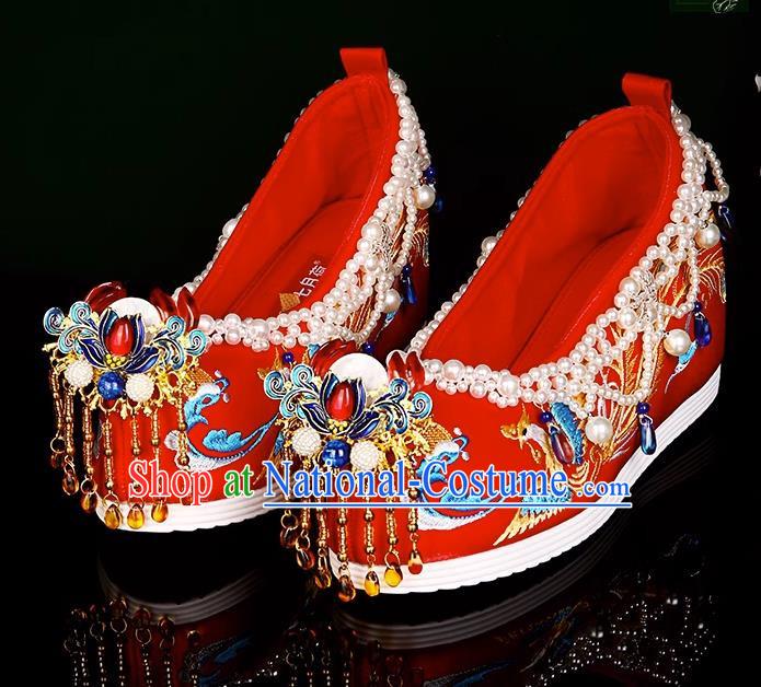 Ming Xiuhe Wedding Shoes Wedding Embroidered Shoes With Heightened Women Red Hanfu Handmade Beading