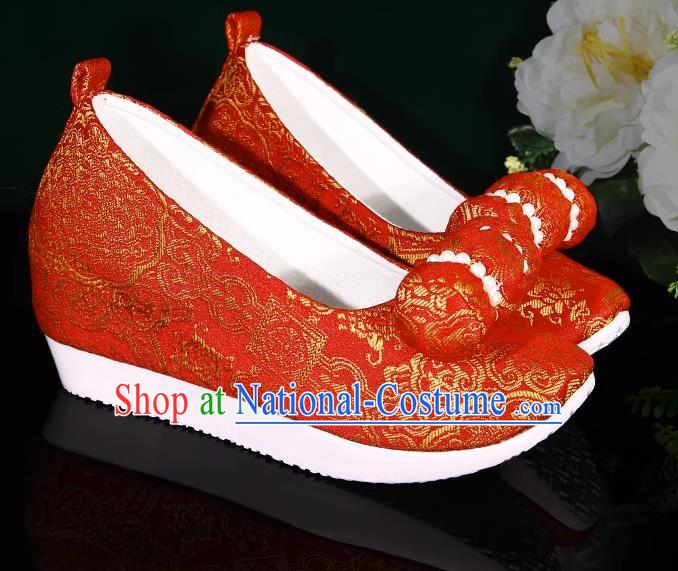 Red Hanfu Shoes Women Original Ancient Style Inner Heightening Round Toe Soft Soled Shoes Ming System Horse Face Climbing Cloud Shoes