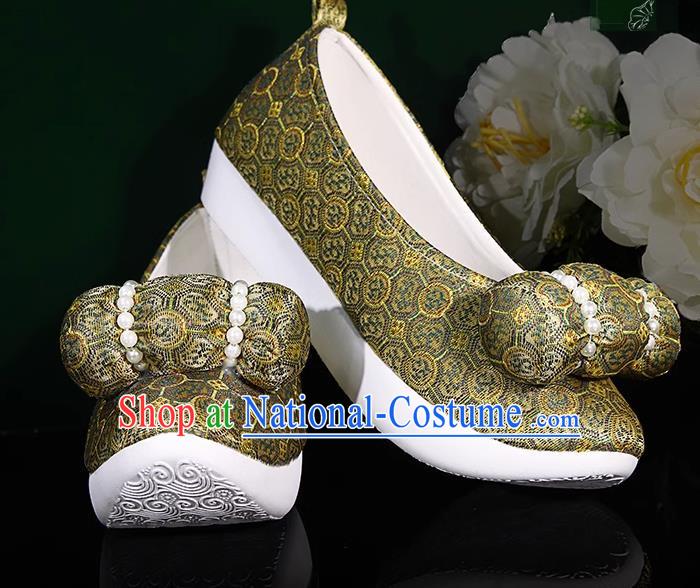 Yellow Green Hanfu Shoes Women Original Ancient Style Inner Heightened Round Toed Soft Soled Shoes Ming Made Horse Faced Cloud Shoes