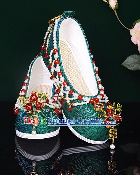 Handmade Beaded Hanfu Shoes Women Inner Increase High School Heel Cloth Shoes Ancient Costume Xiuhe Wedding Shoes Green