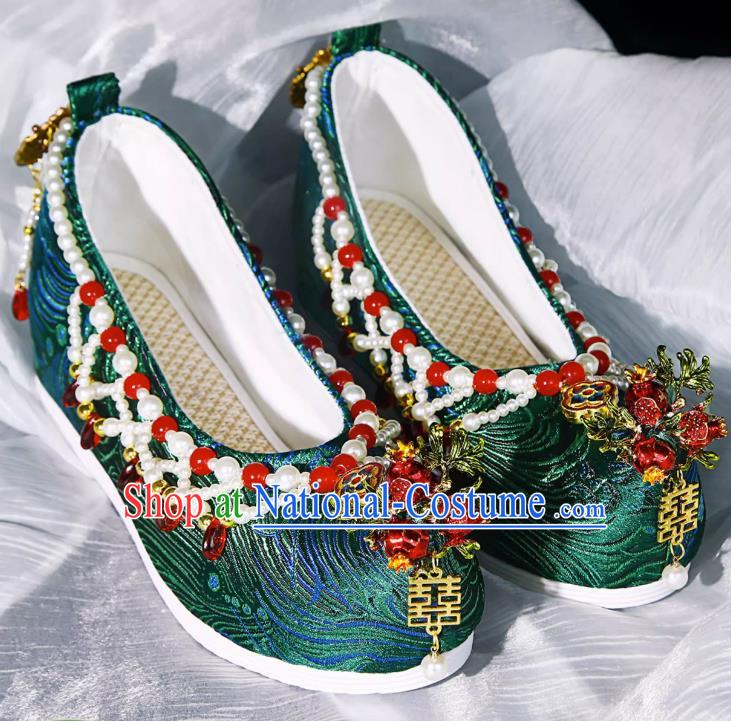 Handmade Beaded Hanfu Shoes Women Inner Increase High School Heel Cloth Shoes Ancient Costume Xiuhe Wedding Shoes Green