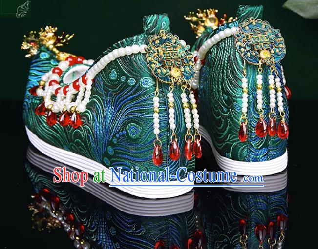 Handmade Beaded Hanfu Shoes Women Inner Increase High School Heel Cloth Shoes Ancient Costume Xiuhe Wedding Shoes Green