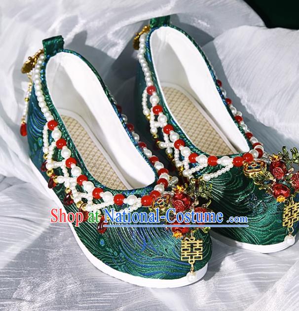 Handmade Beaded Hanfu Shoes Women Inner Increase High School Heel Cloth Shoes Ancient Costume Xiuhe Wedding Shoes Green