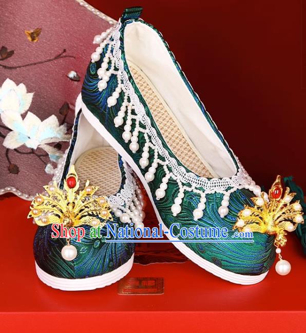 Handmade Beaded Hanfu Shoes Women Inner Increase High School Heel Cloth Shoes Ancient Costume Xiuhe Wedding Shoes Green