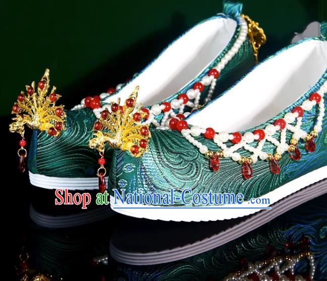 Handmade Beaded Hanfu Shoes Women Inner Increase High School Heel Cloth Shoes Ancient Costume Xiuhe Wedding Shoes Green