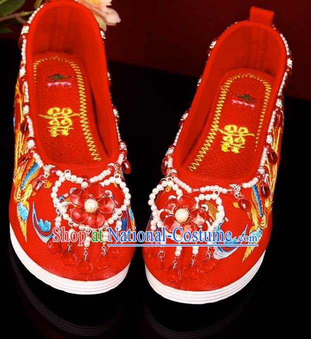 Red Hanfu Shoes Embroidery Inner Increase Original Pearl Chinese Style Xiuhe Shoes Ancient Costume