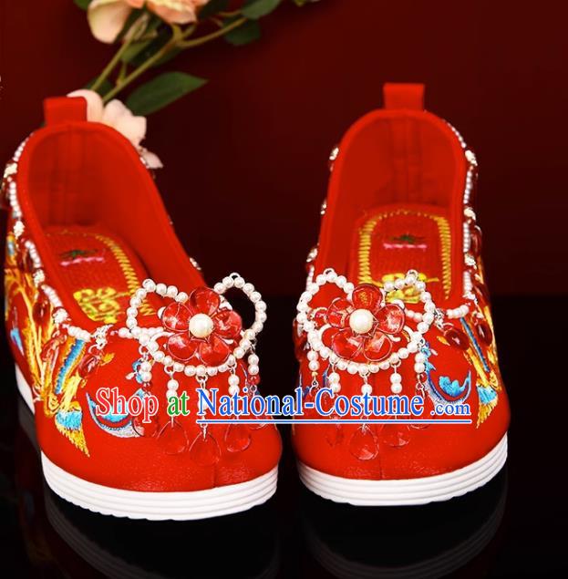 Red Hanfu Shoes Embroidery Inner Increase Original Pearl Chinese Style Xiuhe Shoes Ancient Costume