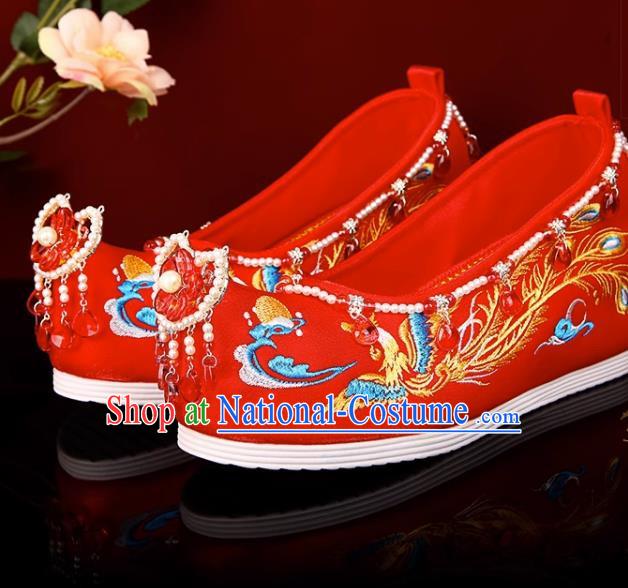 Red Hanfu Shoes Embroidery Inner Increase Original Pearl Chinese Style Xiuhe Shoes Ancient Costume