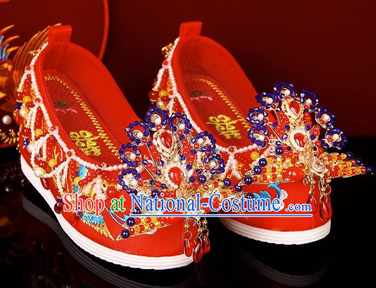 Wedding Shoes Female Bride Phoenix Chinese Style Heavy Industry Beaded Red Embroidered Shoes Pearls