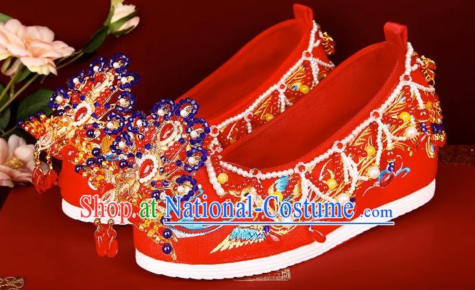 Wedding Shoes Female Bride Phoenix Chinese Style Heavy Industry Beaded Red Embroidered Shoes Pearls