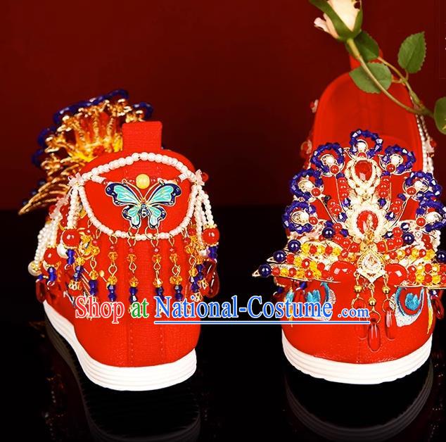 Wedding Shoes Female Bride Phoenix Chinese Style Heavy Industry Beaded Red Embroidered Shoes Pearls