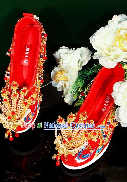 Embroidered Shoes Summer Ming System Red Xiuhe Wedding Shoes Handmade Beaded Phoenix