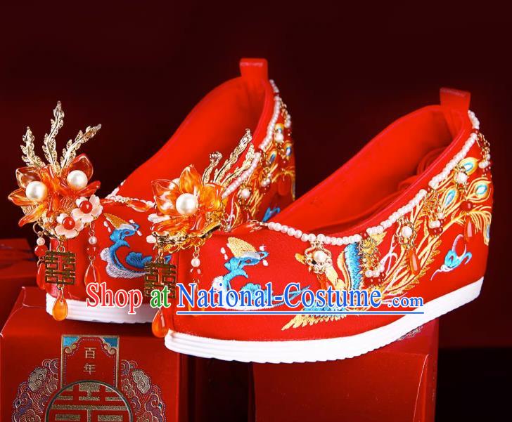 Embroidered Shoes Fengguan Xiapei Xiuhe Wedding Shoes Women Wedding Banquet Is Red Inner Height Increase Handmade