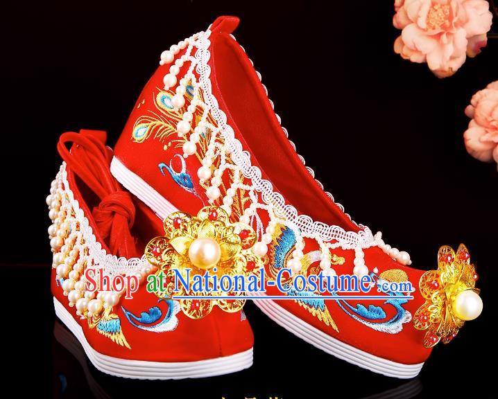 Chinese Wedding Shoes Hanfu Wedding Xiuhe Clothing With Shoes Pearl Tassel Embroidery