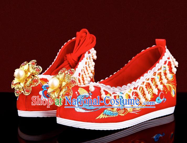 Chinese Wedding Shoes Hanfu Wedding Xiuhe Clothing With Shoes Pearl Tassel Embroidery