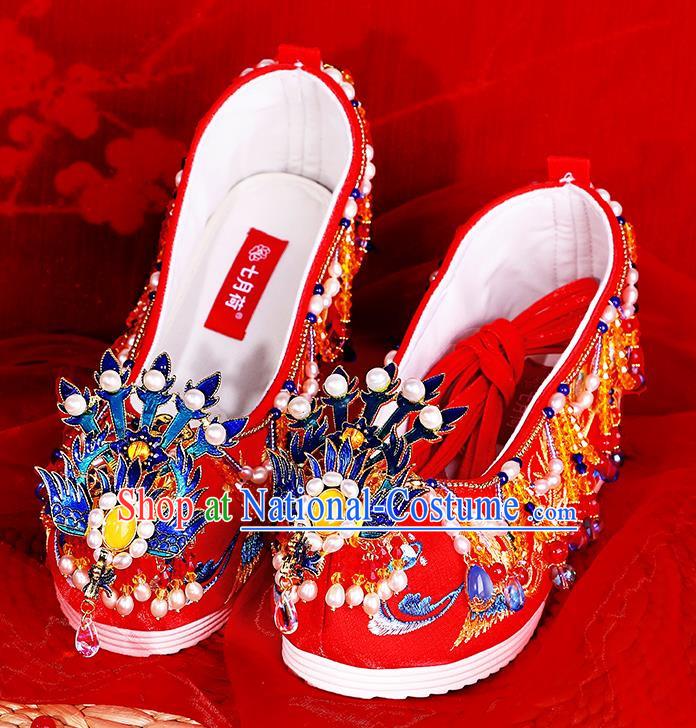 Agate Freshwater Pearl Chinese Style Xiuhe Wedding Shoes Women Embroidered Shoes Red