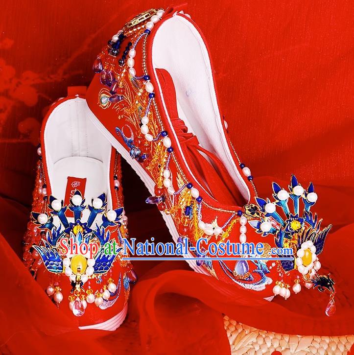 Agate Freshwater Pearl Chinese Style Xiuhe Wedding Shoes Women Embroidered Shoes Red