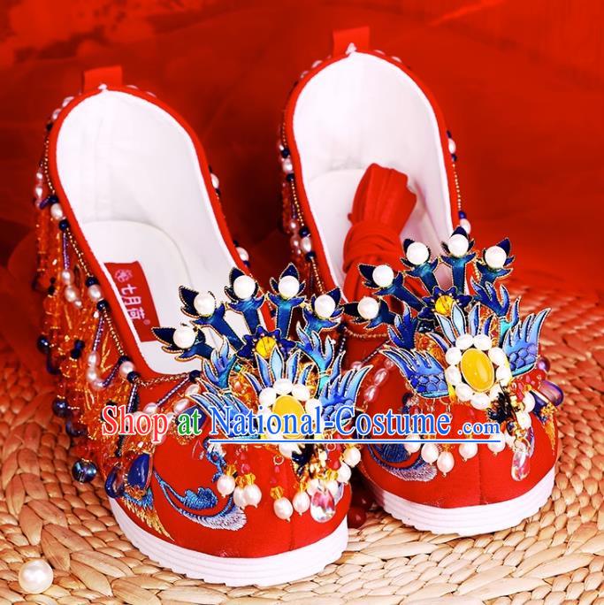 Agate Freshwater Pearl Chinese Style Xiuhe Wedding Shoes Women Embroidered Shoes Red