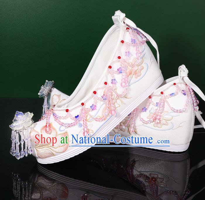 Handmade Hanfu Shoes Women Shoes Inner Heightening White Embroidered Shoes Women Cloth Shoes