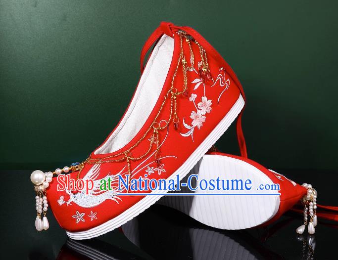 Hanfu Wedding Shoes Women Bow Shoes Xiuhe Shoes Are Red Beaded Tassel Chinese Wedding Shoes Embroidery