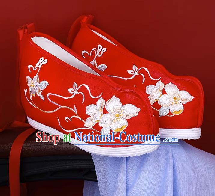 Women Red Ancient Costume Hanfu Shoes Cloth Shoes Inner Heightening Embroidered Shoes