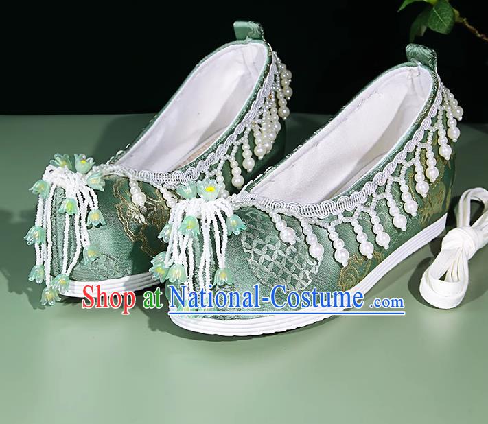 Hanfu Shoes Women Ancient Style Weaving Golden Lily Of The Valley Flower Pearl Tassel Green Inner Height Increasing Cloth Shoes