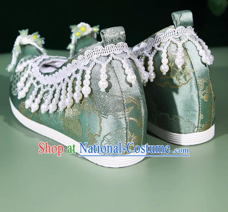 Hanfu Shoes Women Ancient Style Weaving Golden Lily Of The Valley Flower Pearl Tassel Green Inner Height Increasing Cloth Shoes