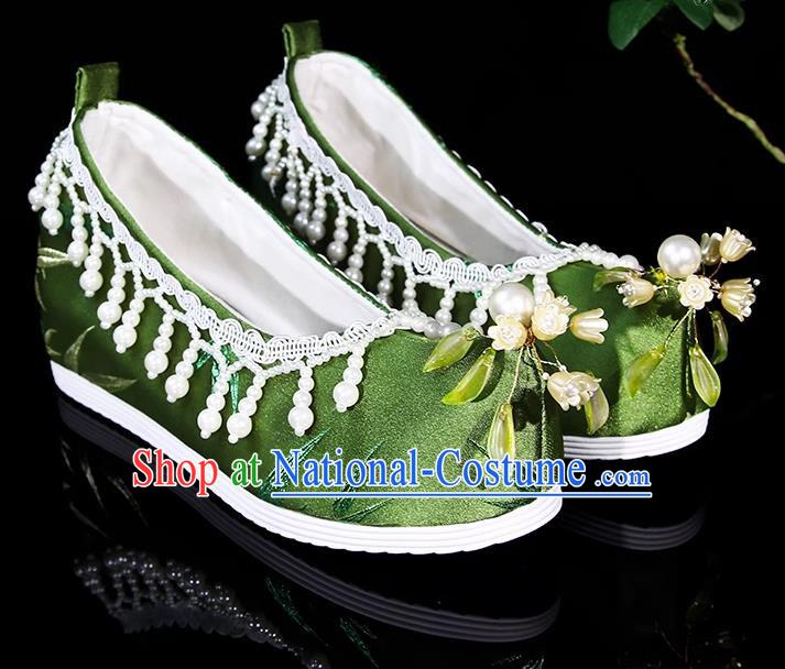 Hanfu Shoes Women Bell Orchid Bamboo Leaves Ancient Style Satin Jacquard Beaded Pearl Tassel Inner Increase