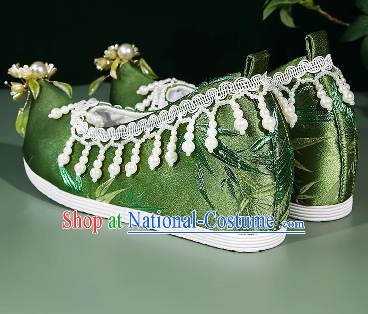 Hanfu Shoes Women Bell Orchid Bamboo Leaves Ancient Style Satin Jacquard Beaded Pearl Tassel Inner Increase