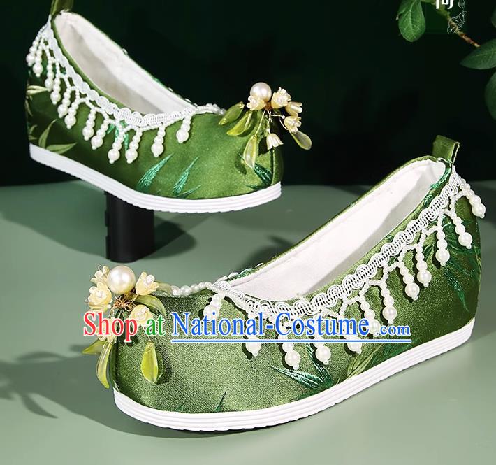 Hanfu Shoes Women Bell Orchid Bamboo Leaves Ancient Style Satin Jacquard Beaded Pearl Tassel Inner Increase