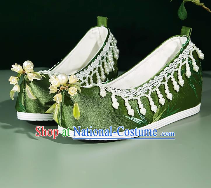 Hanfu Shoes Women Bell Orchid Bamboo Leaves Ancient Style Satin Jacquard Beaded Pearl Tassel Inner Increase