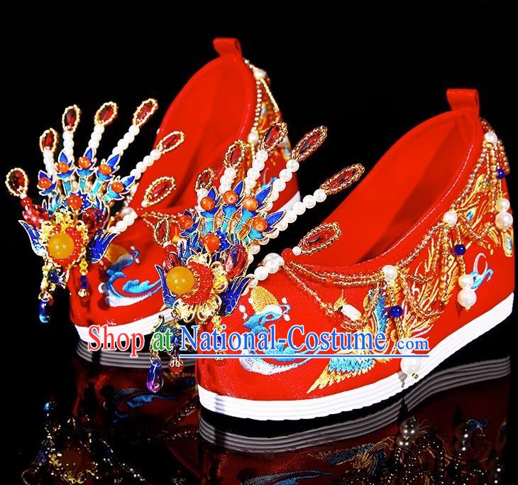 Xiuhe Wedding Shoes Zhenghong Phoenix Ornament Hand Beaded Chinese Embroidery