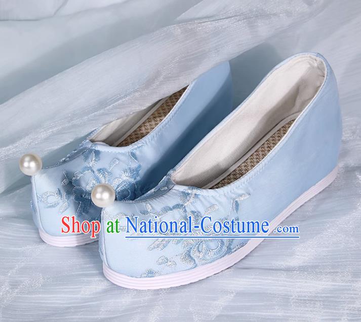 Embroidered Hanfu Shoes Light Blue Pearl Inner Height Increase