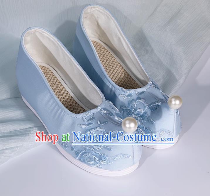 Embroidered Hanfu Shoes Light Blue Pearl Inner Height Increase