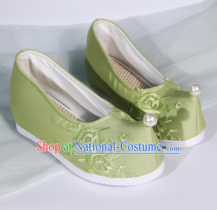 Embroidered Hanfu Shoes Women Green Pearl Inner Height Increase