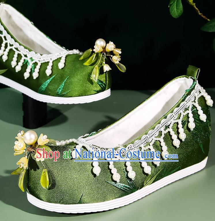 Hanfu Shoes Women Handmade Beaded Pearl Flower Ancient Cloth Shoes