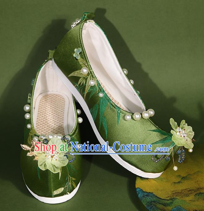 Hanfu Shoes Women Handmade Beaded Pearl Flower Ancient Cloth Shoes