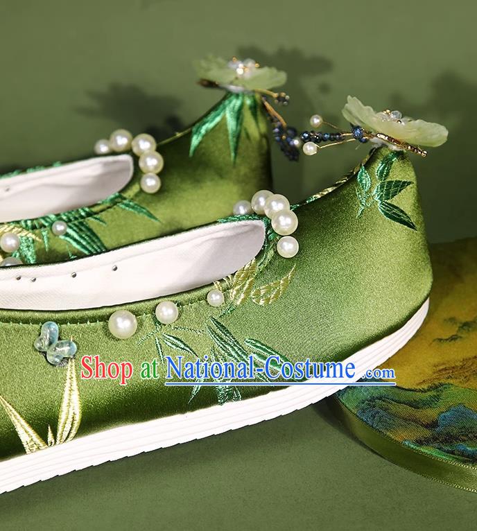 Hanfu Shoes Women Handmade Beaded Pearl Flower Ancient Cloth Shoes