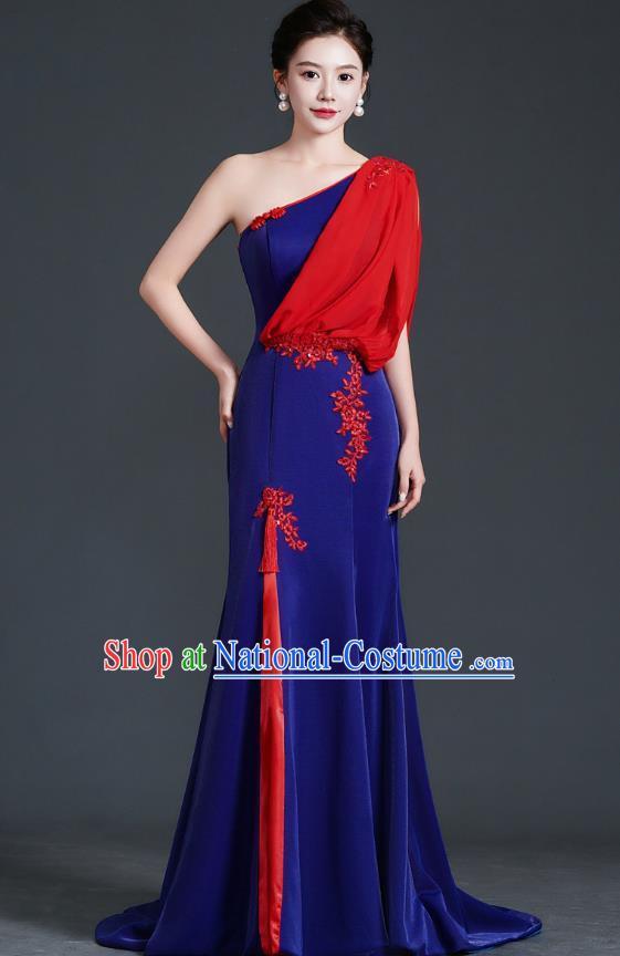 Chinese Design Evening Dress Trailing Fishtail Self Cultivation Stage Chorus Catwalk Performance Clothing One Shoulder