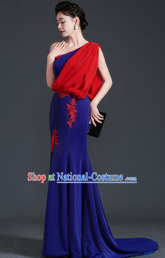 Chinese Design Evening Dress Trailing Fishtail Self Cultivation Stage Chorus Catwalk Performance Clothing One Shoulder