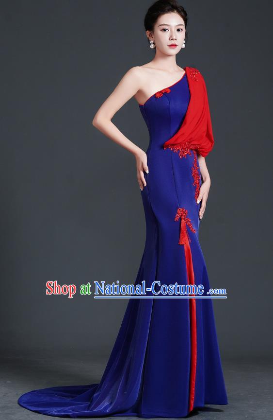 Chinese Design Evening Dress Trailing Fishtail Self Cultivation Stage Chorus Catwalk Performance Clothing One Shoulder