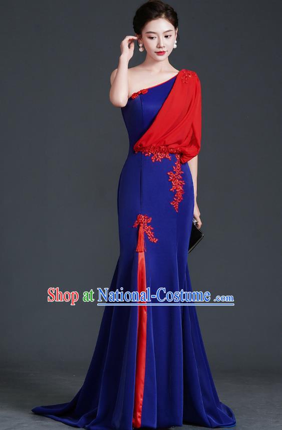 Chinese Design Evening Dress Trailing Fishtail Self Cultivation Stage Chorus Catwalk Performance Clothing One Shoulder