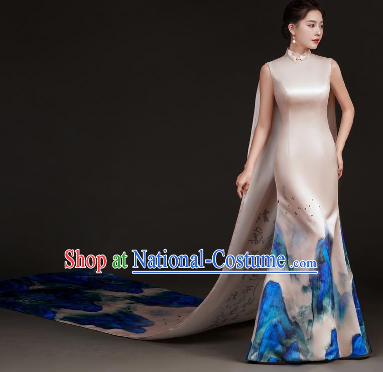 Chinese Design High End Long Tailed Performance Costume Art Test Host Fishtail Dress A Thousand Miles Of Rivers And Mountains Catwalk