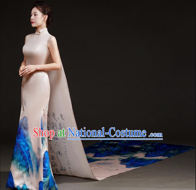 Chinese Design High End Long Tailed Performance Costume Art Test Host Fishtail Dress A Thousand Miles Of Rivers And Mountains Catwalk