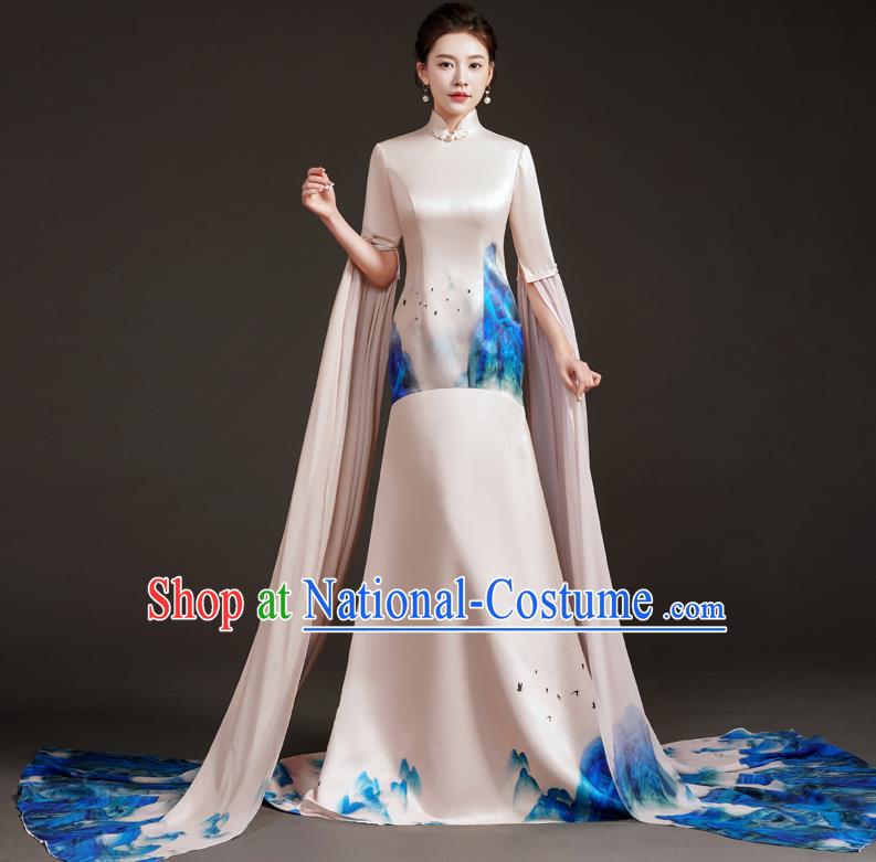 High End Small Trailing Costumes Water Sleeve Art Test Solo Guzheng Playing Dress Mermaid Model Catwalk